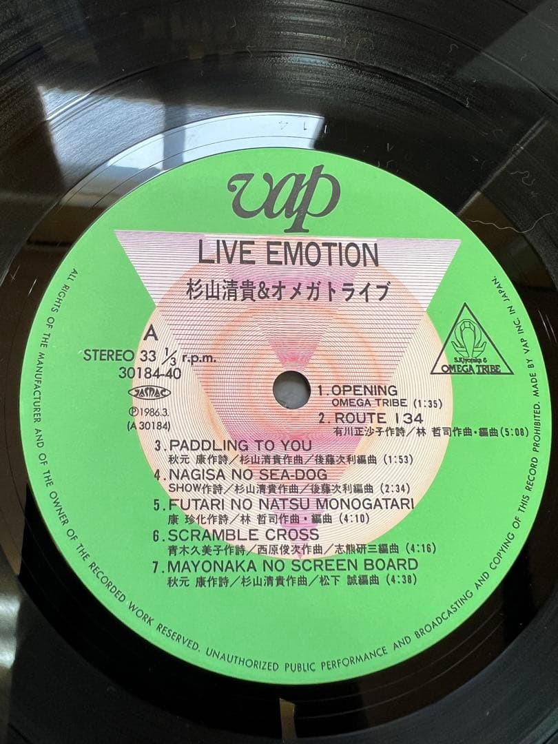 杉山清貴&オメガトライブ LIVE EMOTION 帯付　レコード1986年