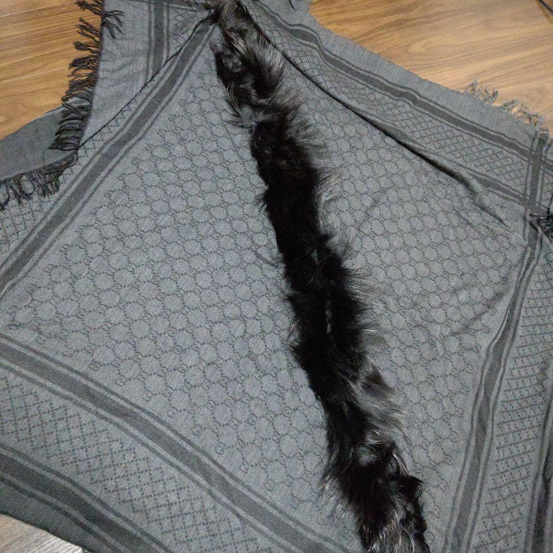 GUCCI グレー ファー付きショール フリンジ シルク フォックスファー 希少