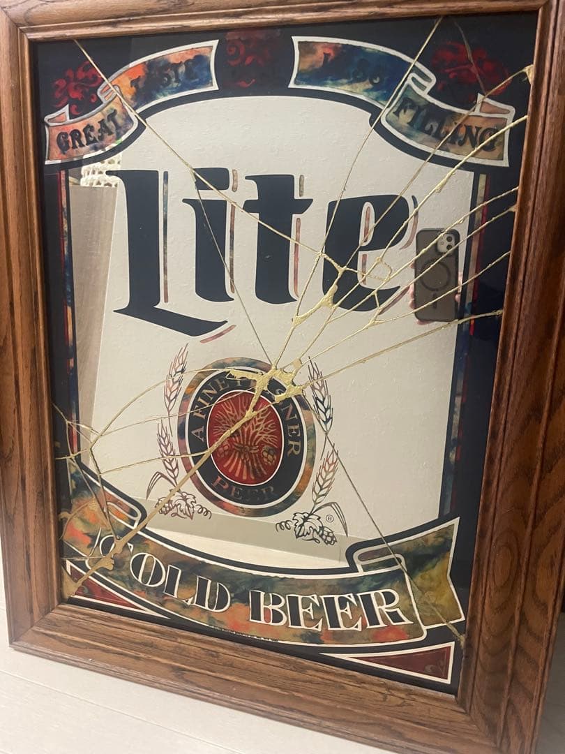 ライトビール ビンテージ パブミラー 金継ぎ パブスト 看板 サイン 店舗 鏡