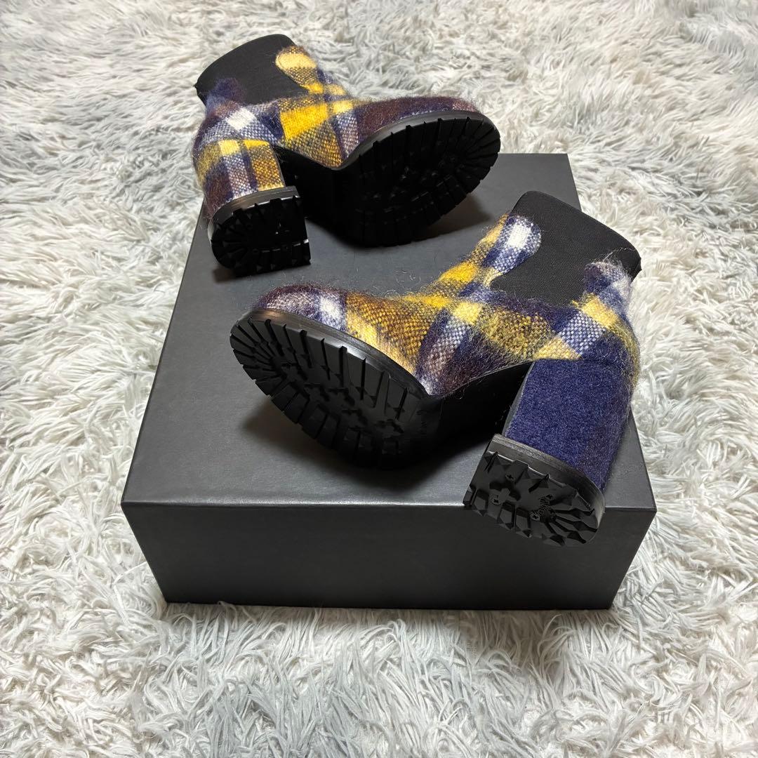 【ほぼ未使用】sacai ニット チェック ヒールブーツ〈定価97,900円〉