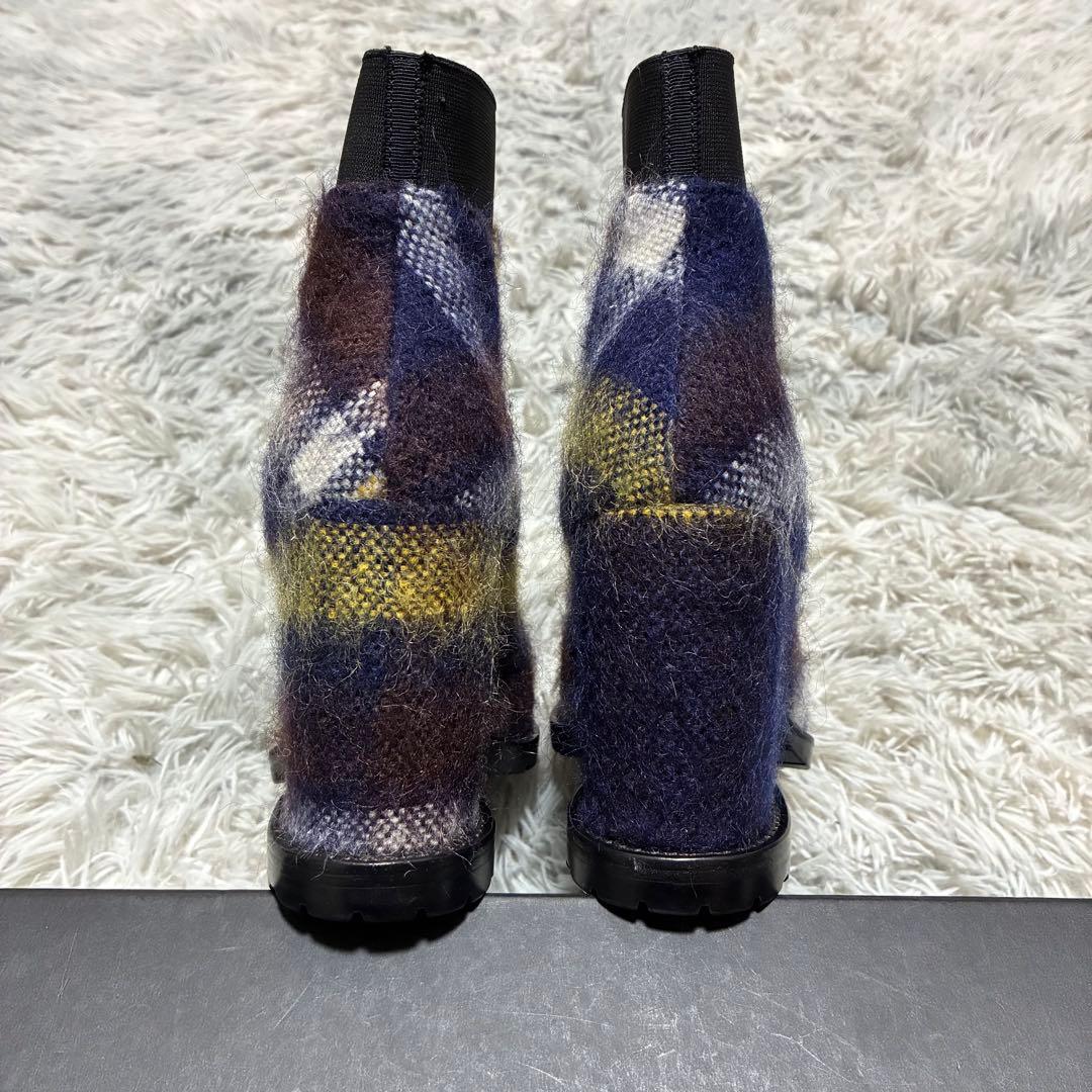 【ほぼ未使用】sacai ニット チェック ヒールブーツ〈定価97,900円〉