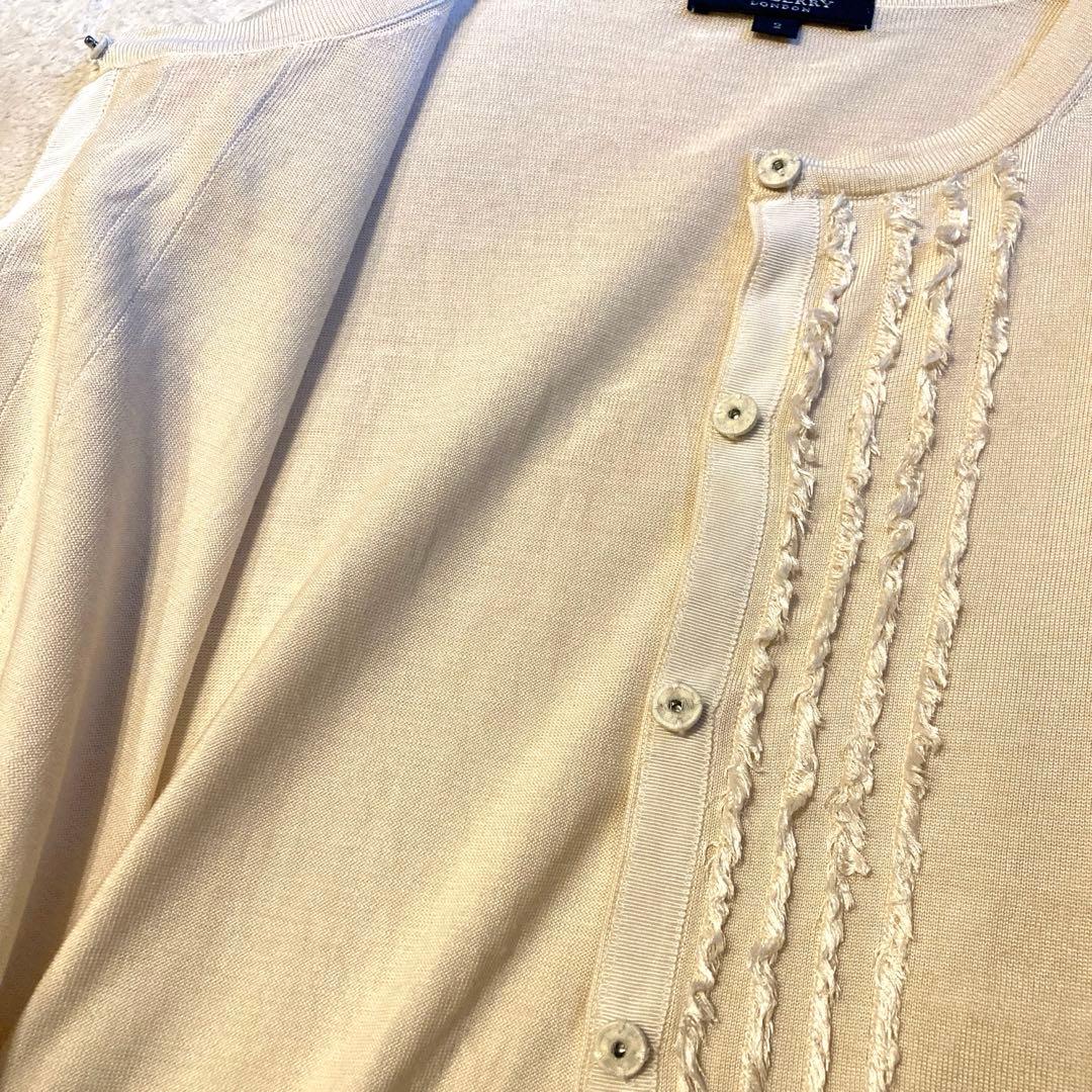 バーバリー シルク100% ロゴ 刺繍 カーディガン ベルト フリンジ 生成り
