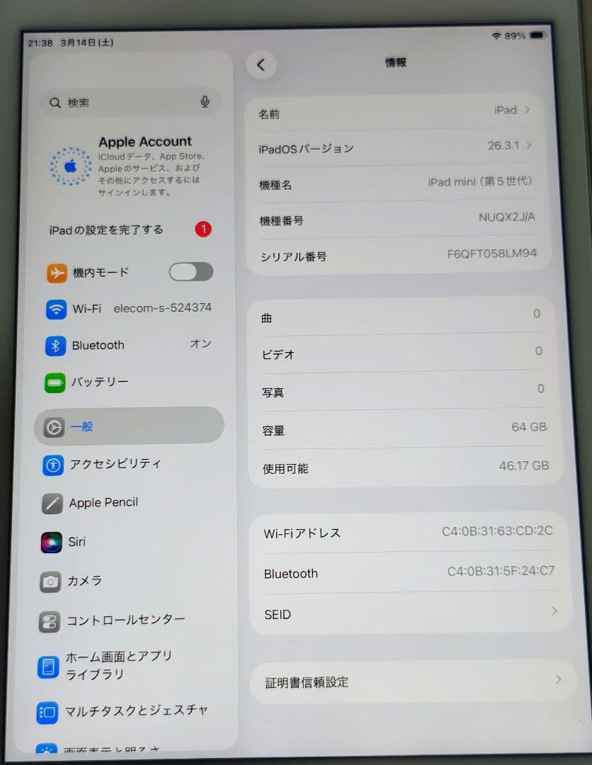 バッテリー 100%【iPad mini 5世代 64GB WiFi】