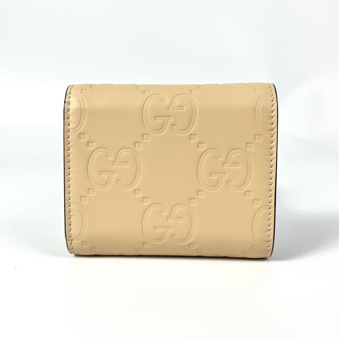 未使用品✨グッチ 三つ折り財布 ジャンボ GG ロゴ型押し ベージュ レザー