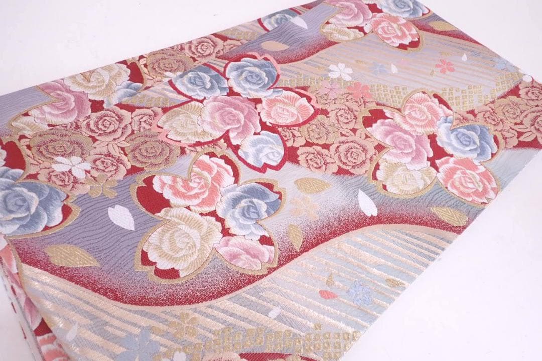 Ai　極美品 正絹 振袖 袋帯 2点セット 桜に牡丹 透き通るような繊細さ
