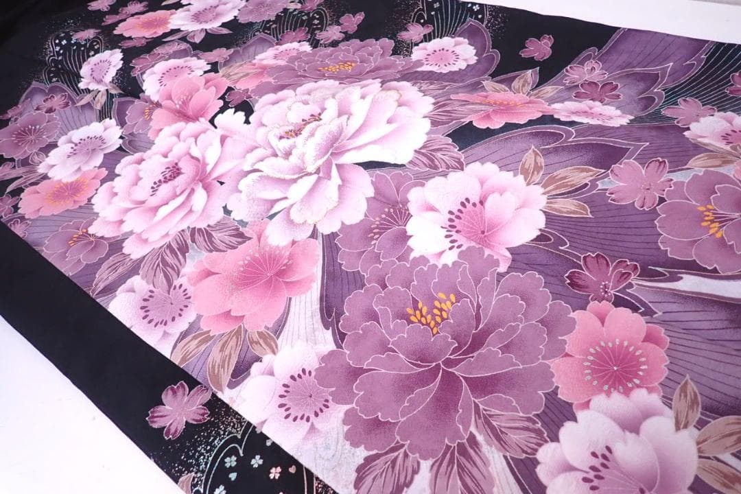 Ai　極美品 正絹 振袖 袋帯 2点セット 桜に牡丹 透き通るような繊細さ