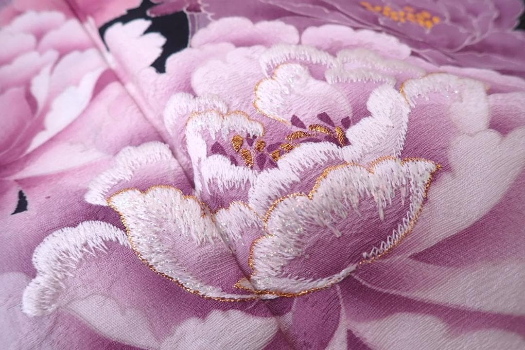 Ai　極美品 正絹 振袖 袋帯 2点セット 桜に牡丹 透き通るような繊細さ