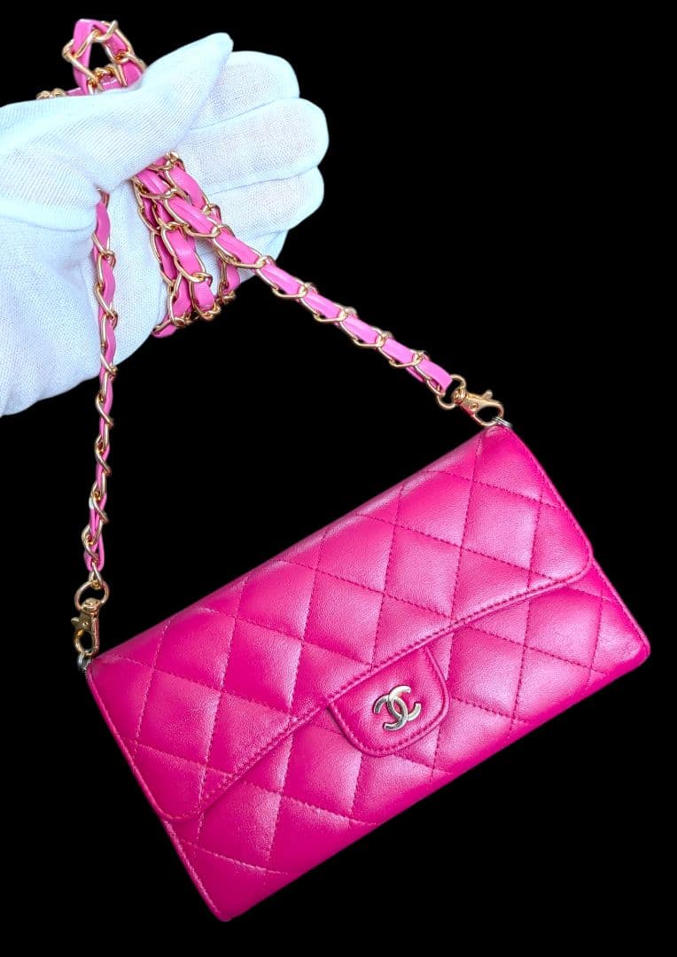 シャネル　マトラッセ　三つ折り長財布　ラムスキン　ピンク　ショルダー　正規品