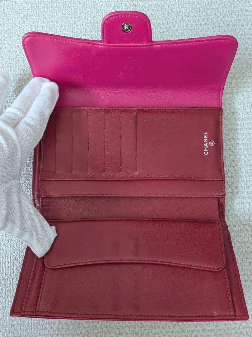 シャネル　マトラッセ　三つ折り長財布　ラムスキン　ピンク　ショルダー　正規品