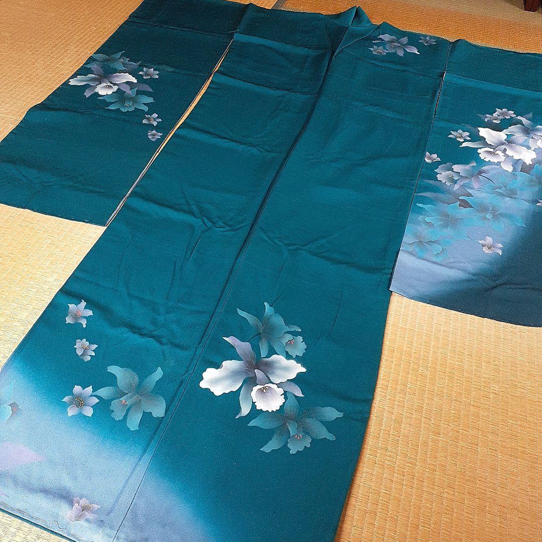 【新品】振り袖　お着物　正絹　　 深いグリーンブルー×カトレアの花