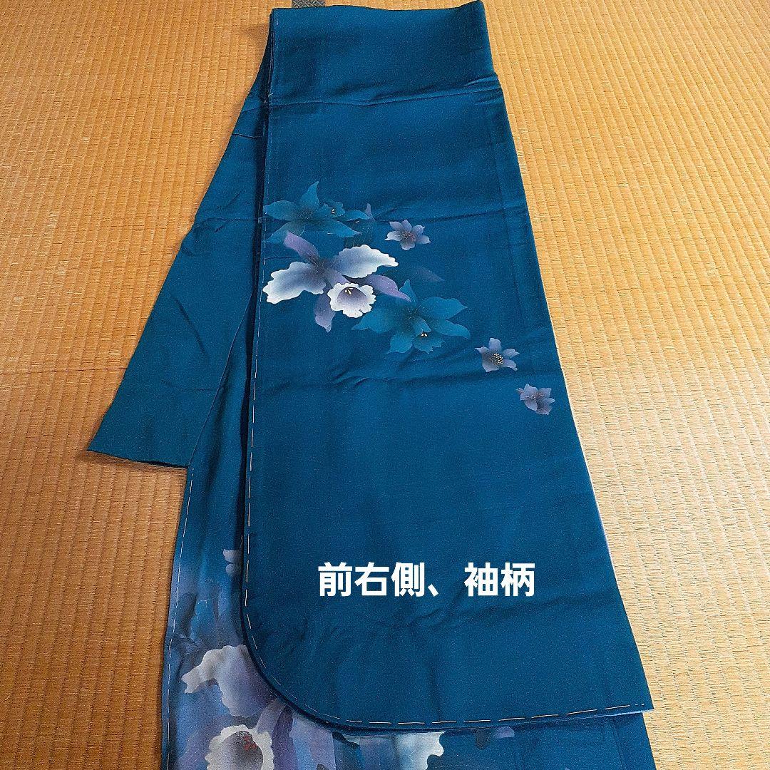 【新品】振り袖　お着物　正絹　　 深いグリーンブルー×カトレアの花