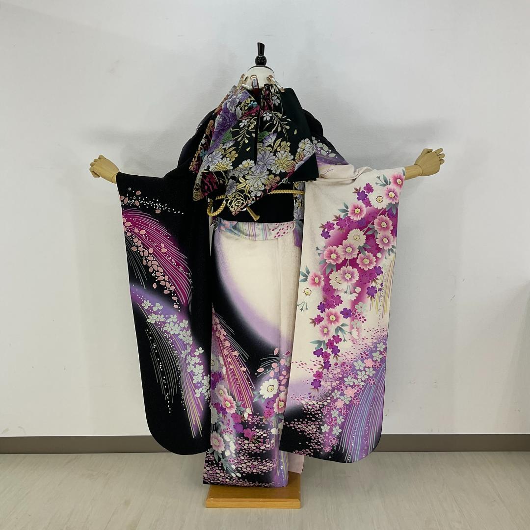 お振袖 黒　絞り風　正絹　美品