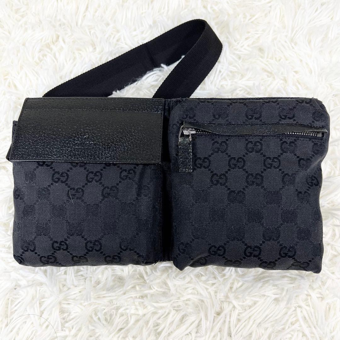 美品 グッチ ウエストポーチ ボディバッグ GGスプリーム レザー ブラック