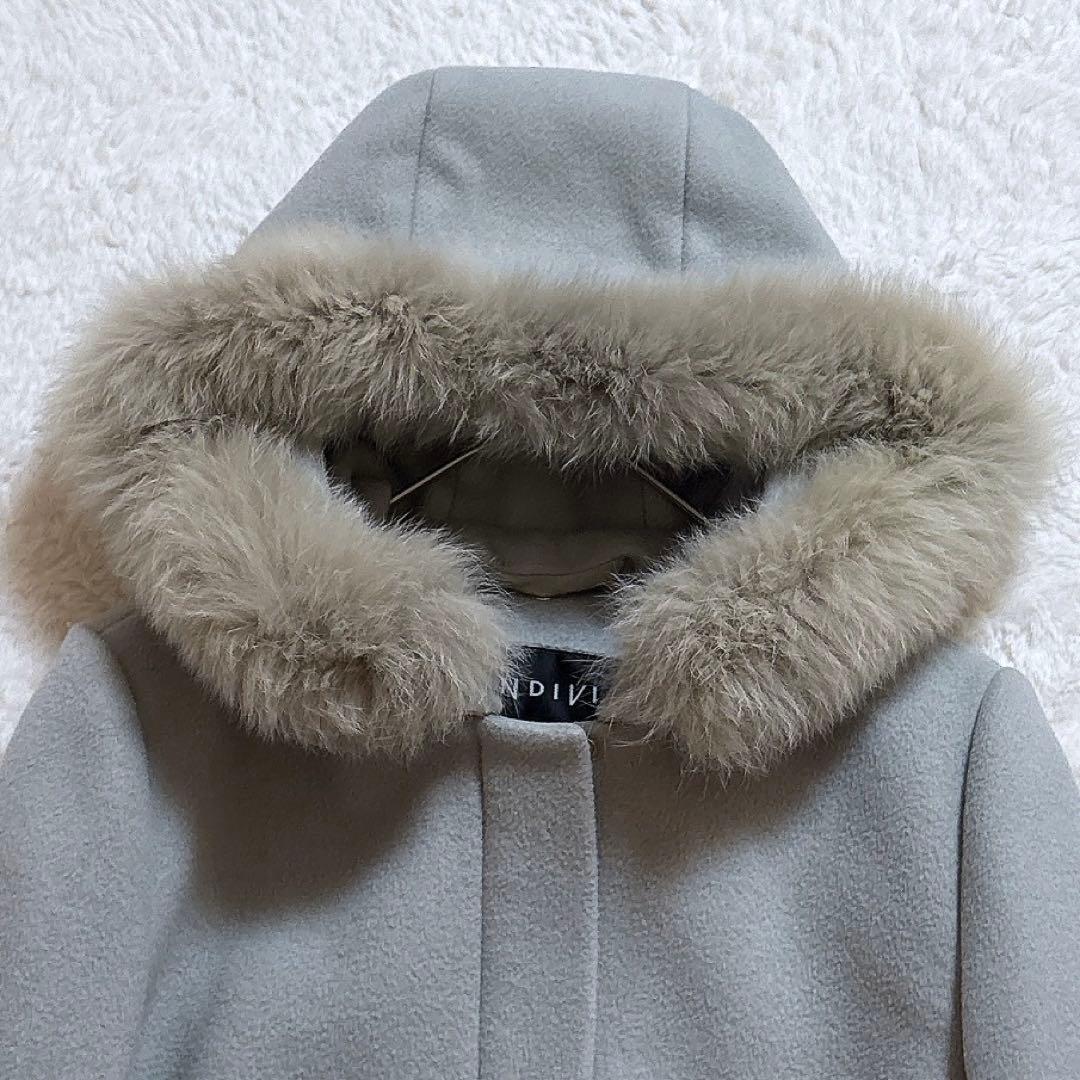 美品 INDIVIノーカラー2wayウールフォックスファーロングコートフーデット