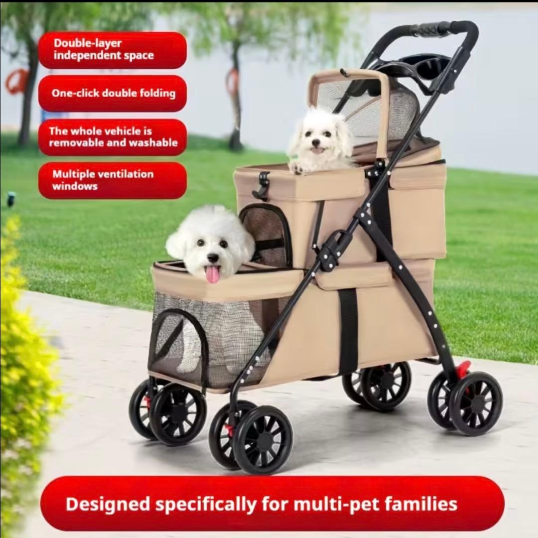 新品 グレー 2段式 ペットカート 犬猫用 多頭 折りたたみ 軽量