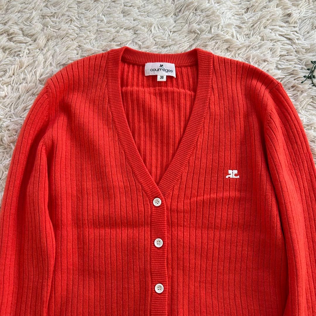 courrèges クレージュ　オレンジ リブ編み カーディガン　ロゴ刺繍