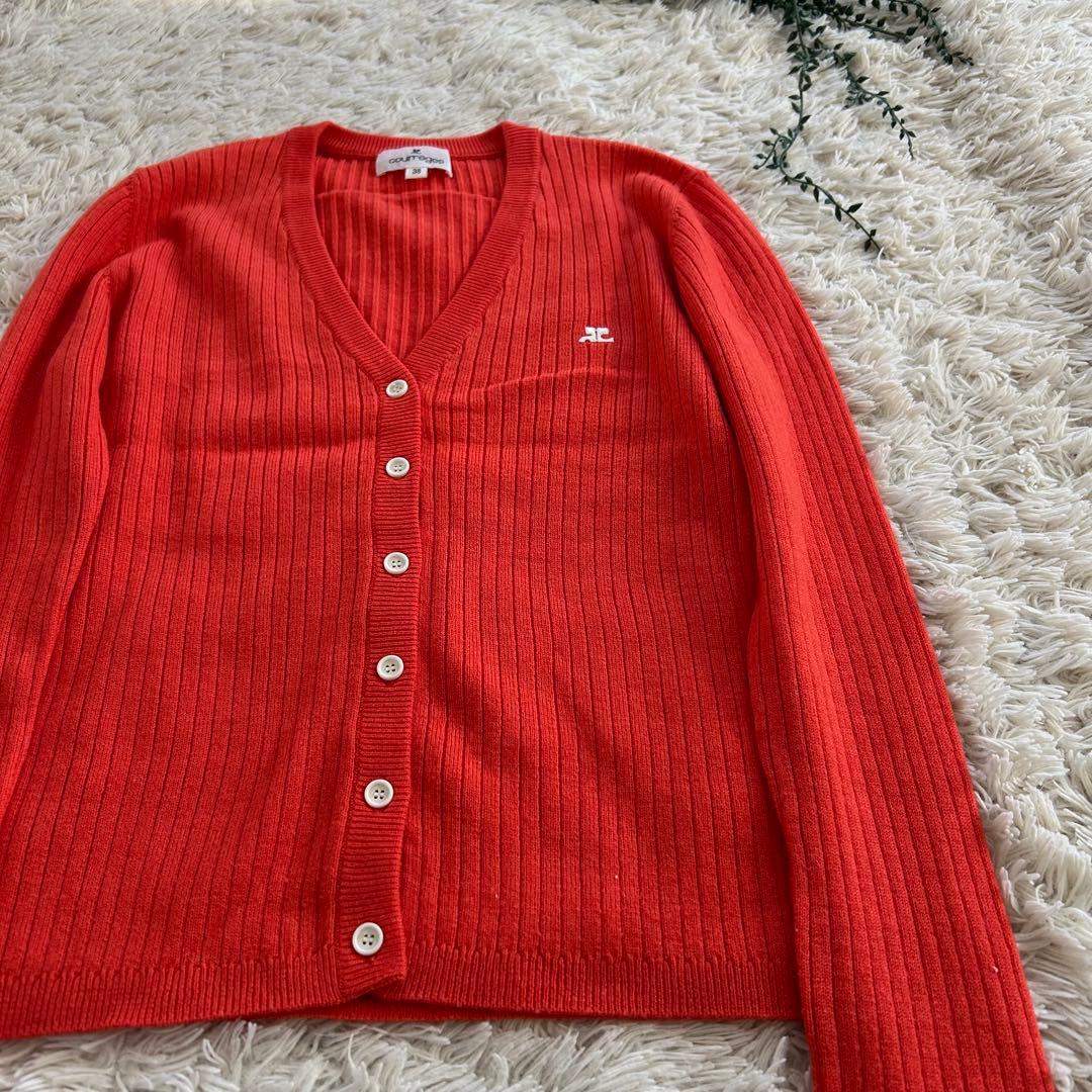 courrèges クレージュ　オレンジ リブ編み カーディガン　ロゴ刺繍
