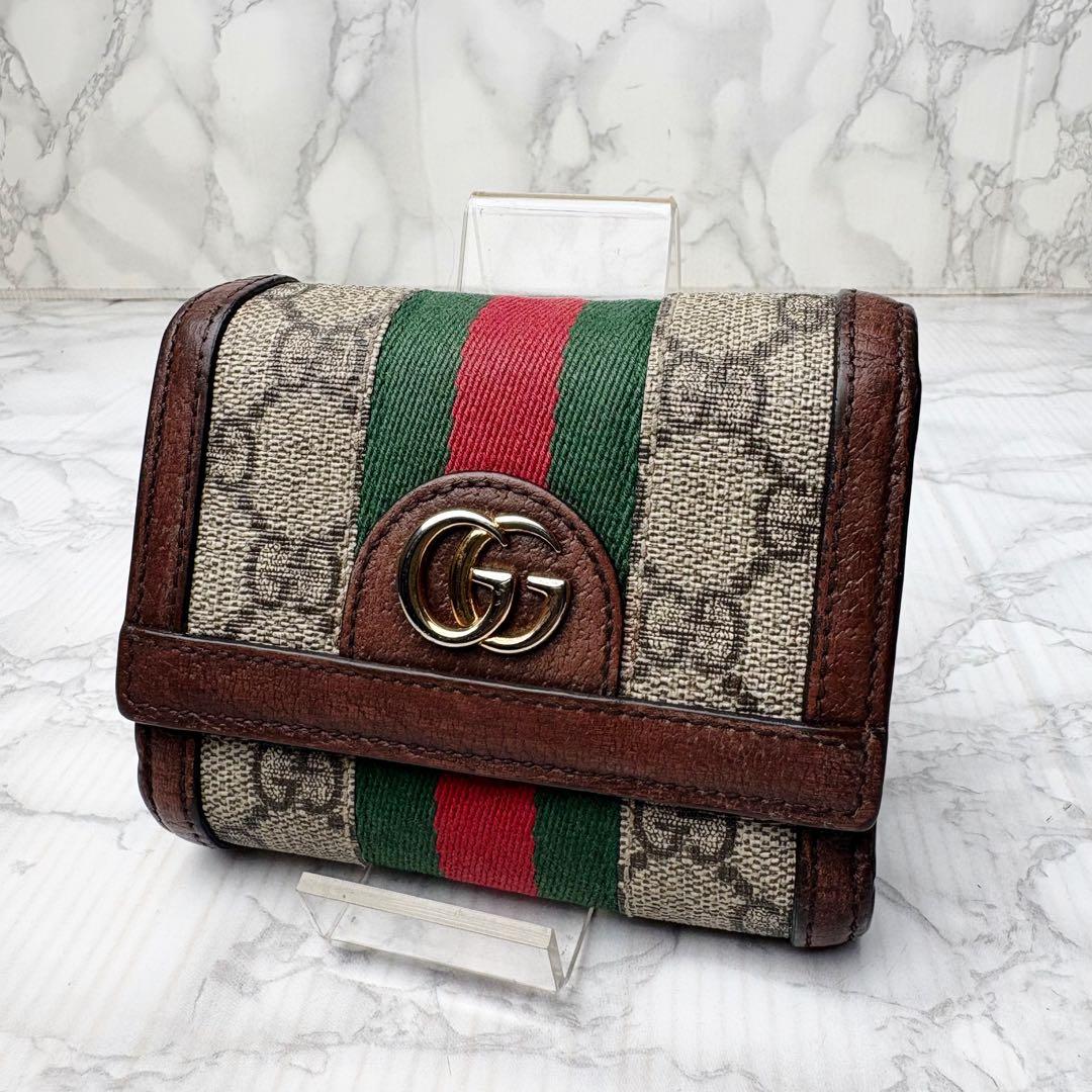 01 美品 GUCCI シェリーライン プチマーモント 三つ折財布 ux2