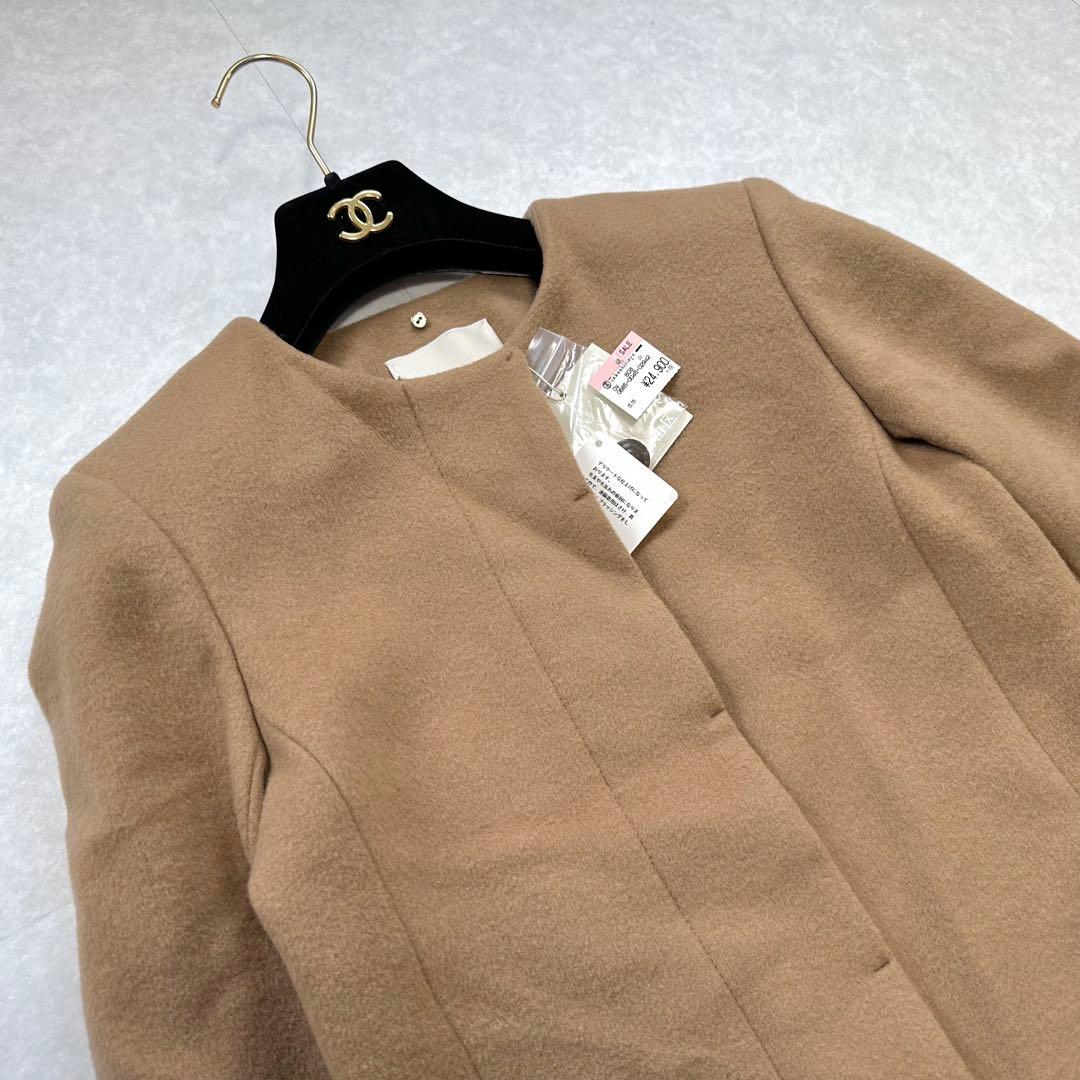 【未使用】自由区 ウールカシミヤ ノーカラーコート キャメル サイズ32