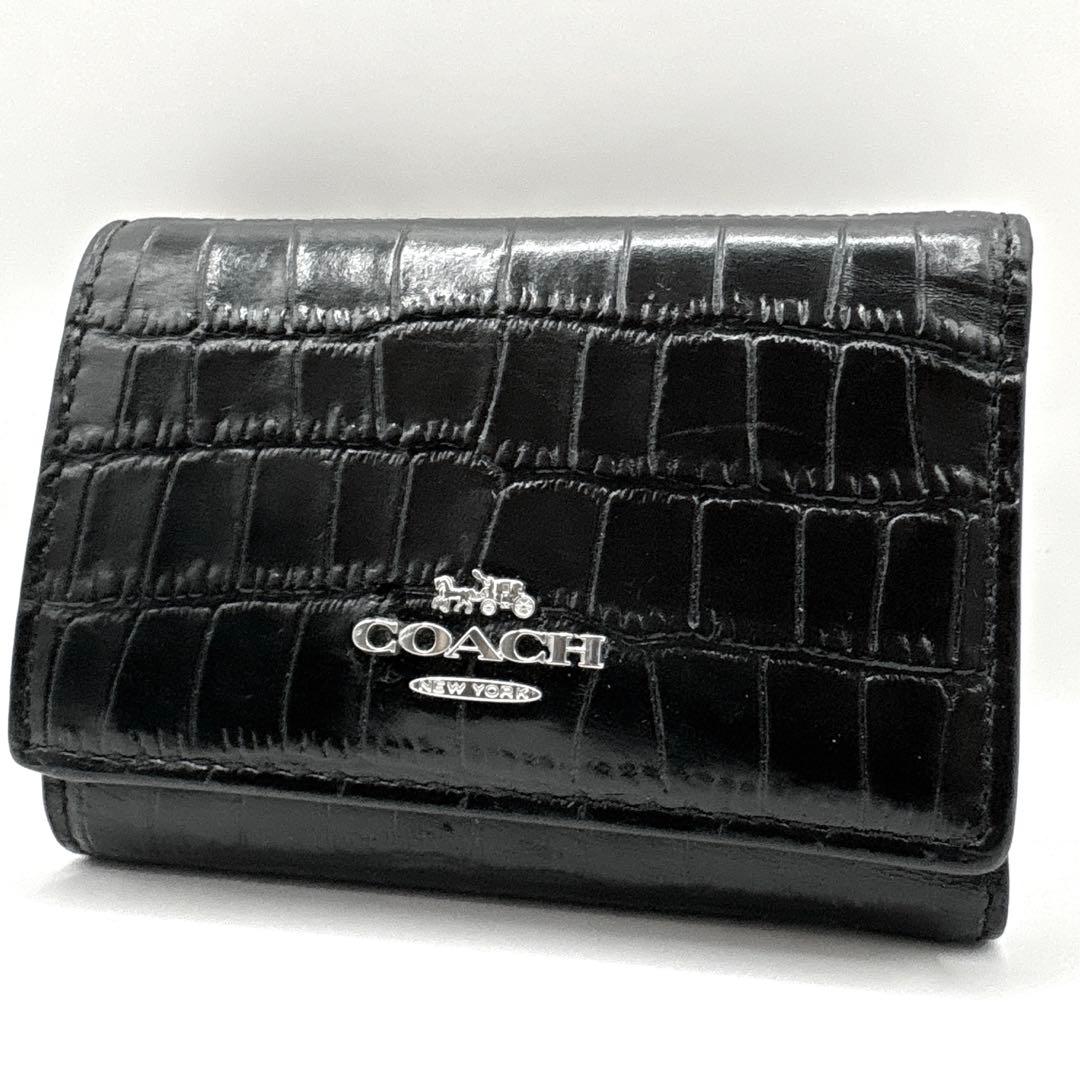 COACH ブラック レザー 三つ折り財布 財布 折り財布 コーチ クロコダイル