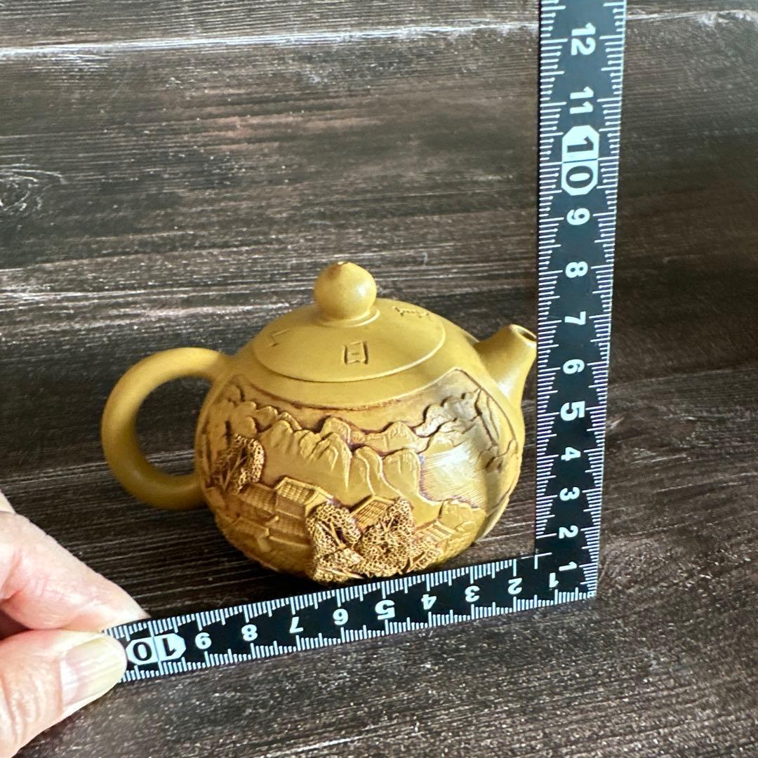 宜興 急須 朱泥 手拉壺 工芸 刻紋 共箱付 置物 茶器 中国 宜興窯