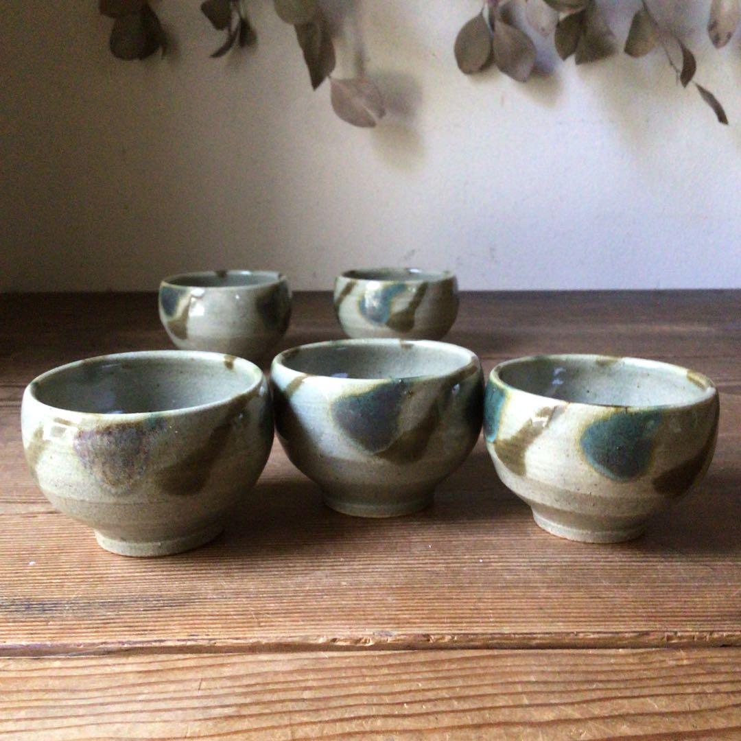 No3642二彩釉　煎茶碗5客　茶道具　湯呑　汲出　益子　陶磁器　民藝　送料無料