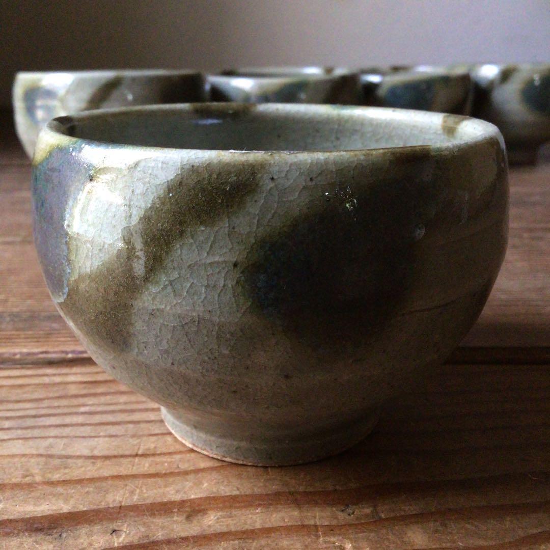 No3642二彩釉　煎茶碗5客　茶道具　湯呑　汲出　益子　陶磁器　民藝　送料無料