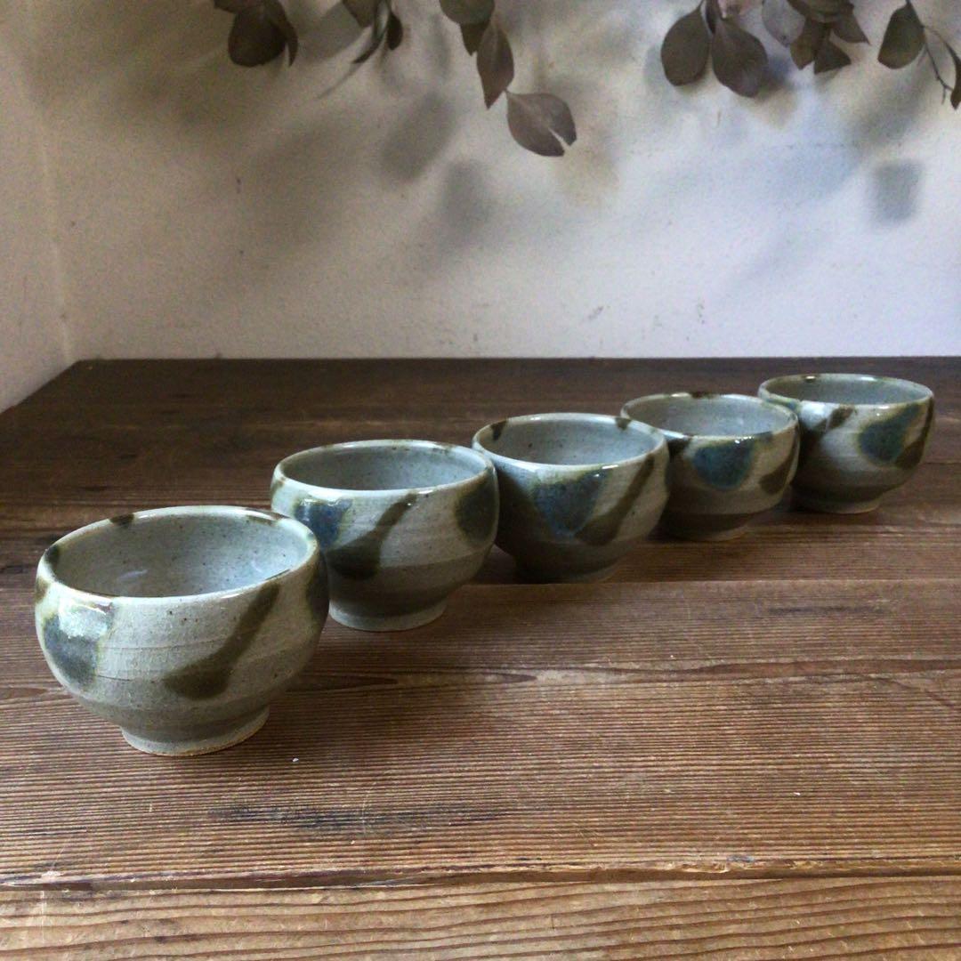 No3642二彩釉　煎茶碗5客　茶道具　湯呑　汲出　益子　陶磁器　民藝　送料無料