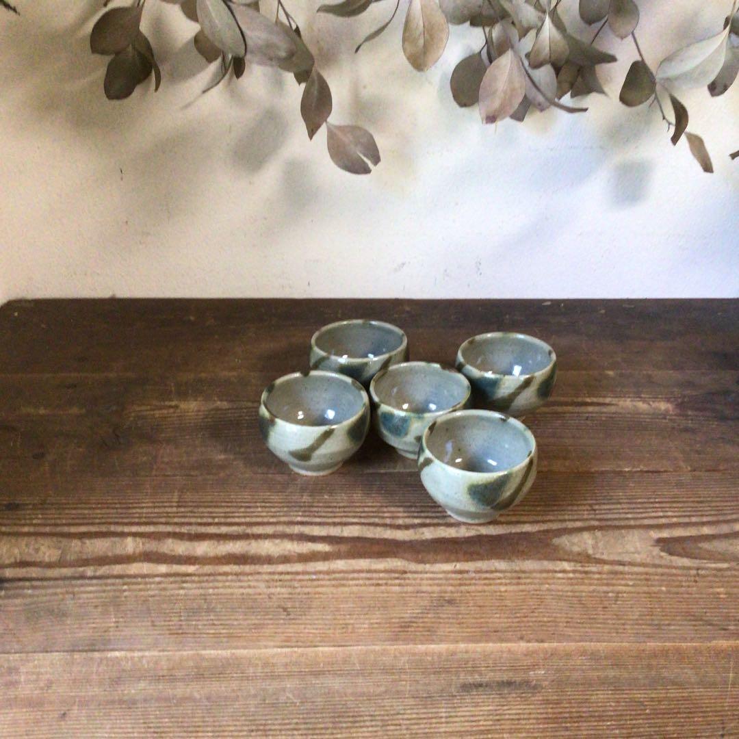 No3642二彩釉　煎茶碗5客　茶道具　湯呑　汲出　益子　陶磁器　民藝　送料無料