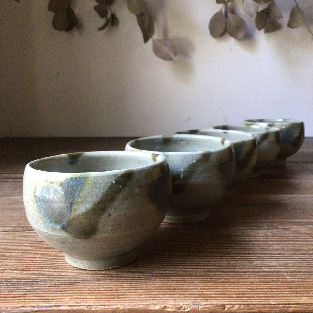No3642二彩釉　煎茶碗5客　茶道具　湯呑　汲出　益子　陶磁器　民藝　送料無料