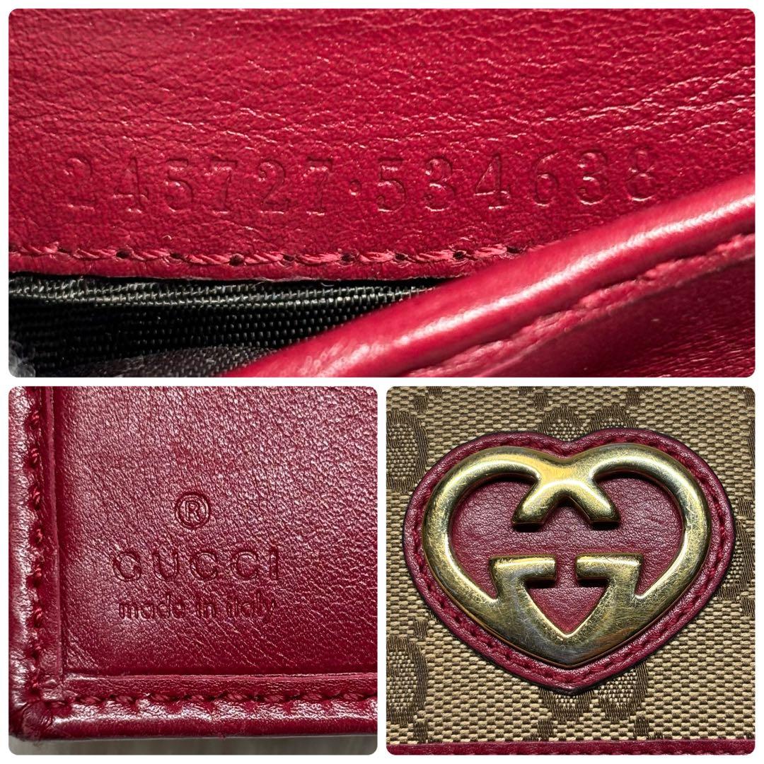 ✨美品✨ グッチ 二つ折り財布 GGキャンバス ラブリーハート フラップ レッド