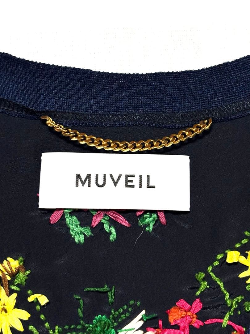 MUVEIL 異素材切り替え 刺繍ロングカーディガン 美品 ミュベール