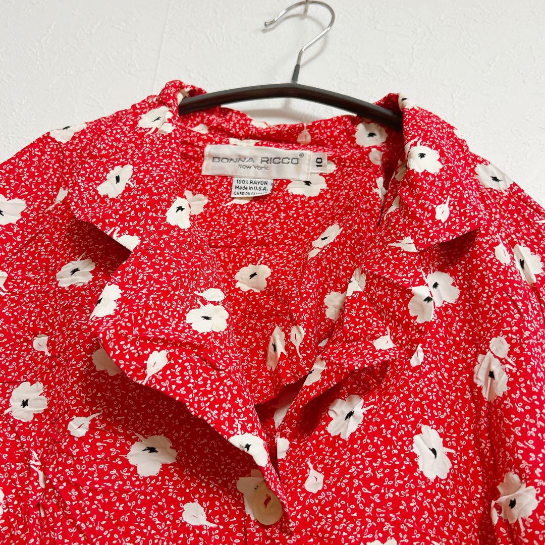 【8】DONNA RICCO 花柄半袖ワンピース 赤　レッド　海外古着