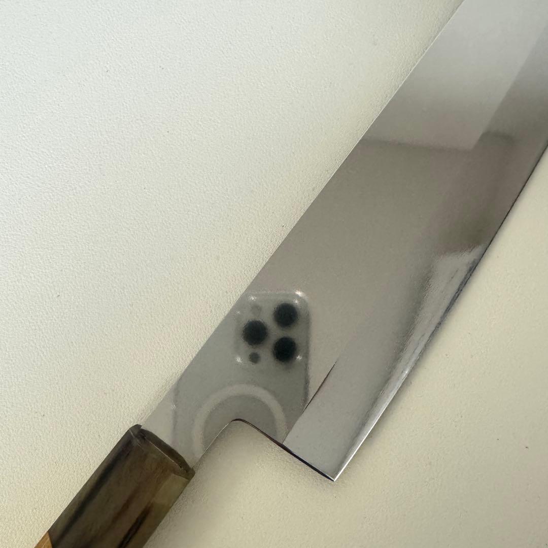 切付牛刀 270mm 片刃 鏡面仕上げ 欅八角柄（縮杢）白水牛角