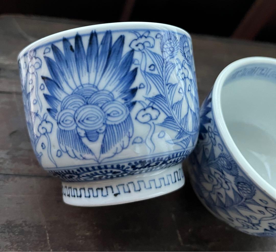 美品！手描き細密画　染付 湯のみ2点セット　ペア