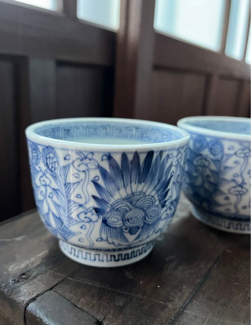 美品！手描き細密画　染付 湯のみ2点セット　ペア