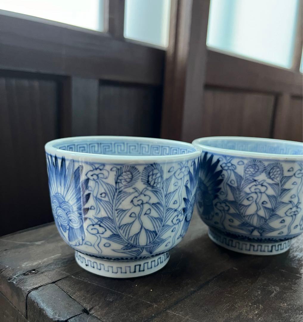 美品！手描き細密画　染付 湯のみ2点セット　ペア