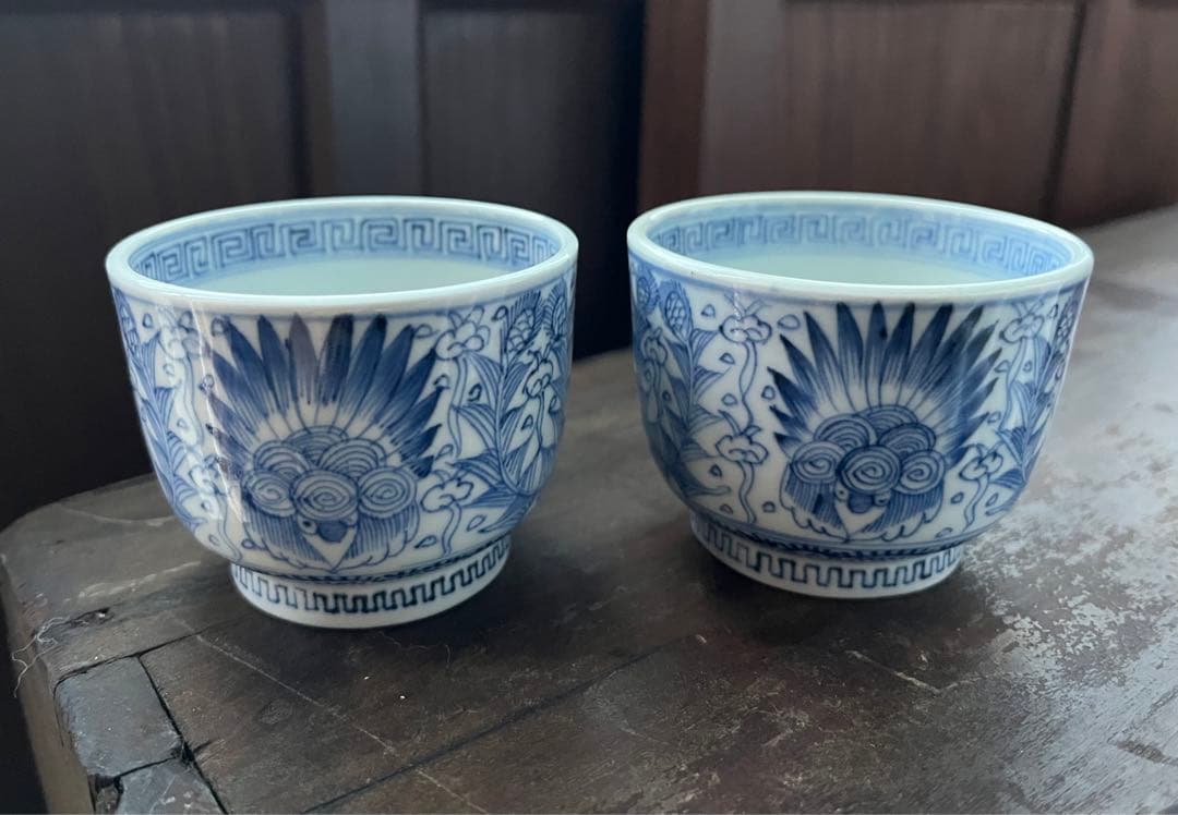 美品！手描き細密画　染付 湯のみ2点セット　ペア