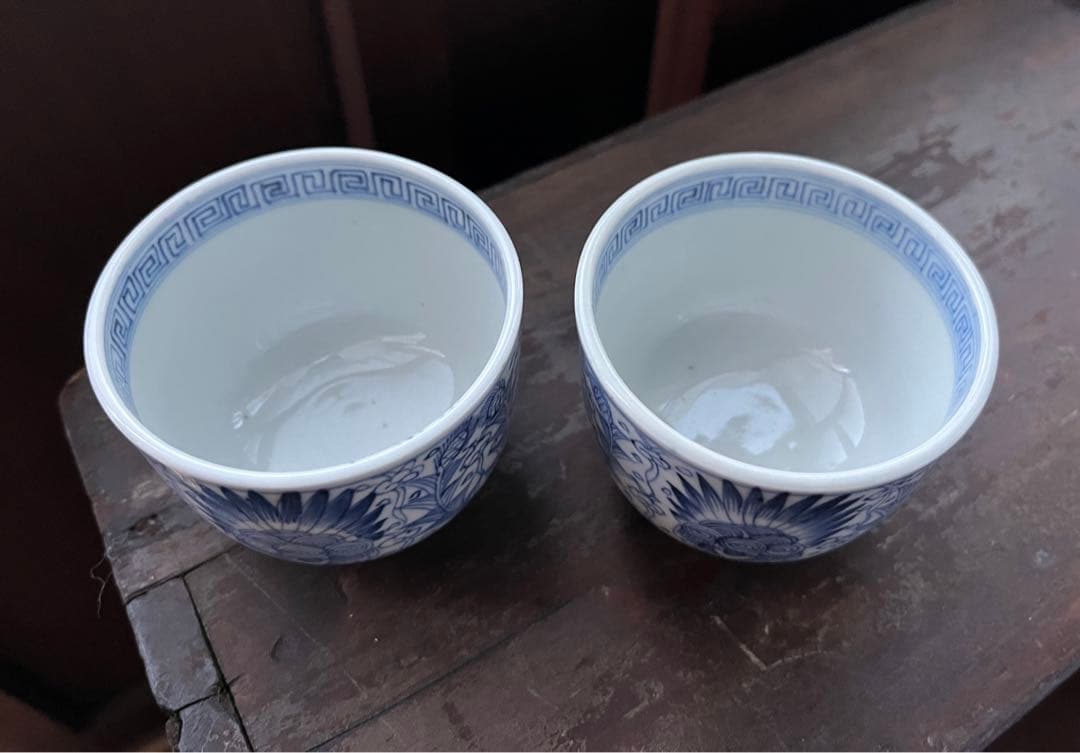 美品！手描き細密画　染付 湯のみ2点セット　ペア