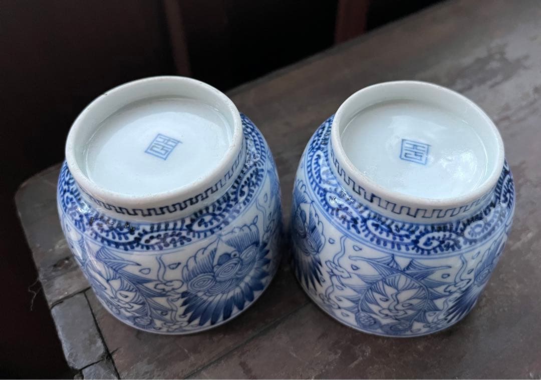 美品！手描き細密画　染付 湯のみ2点セット　ペア