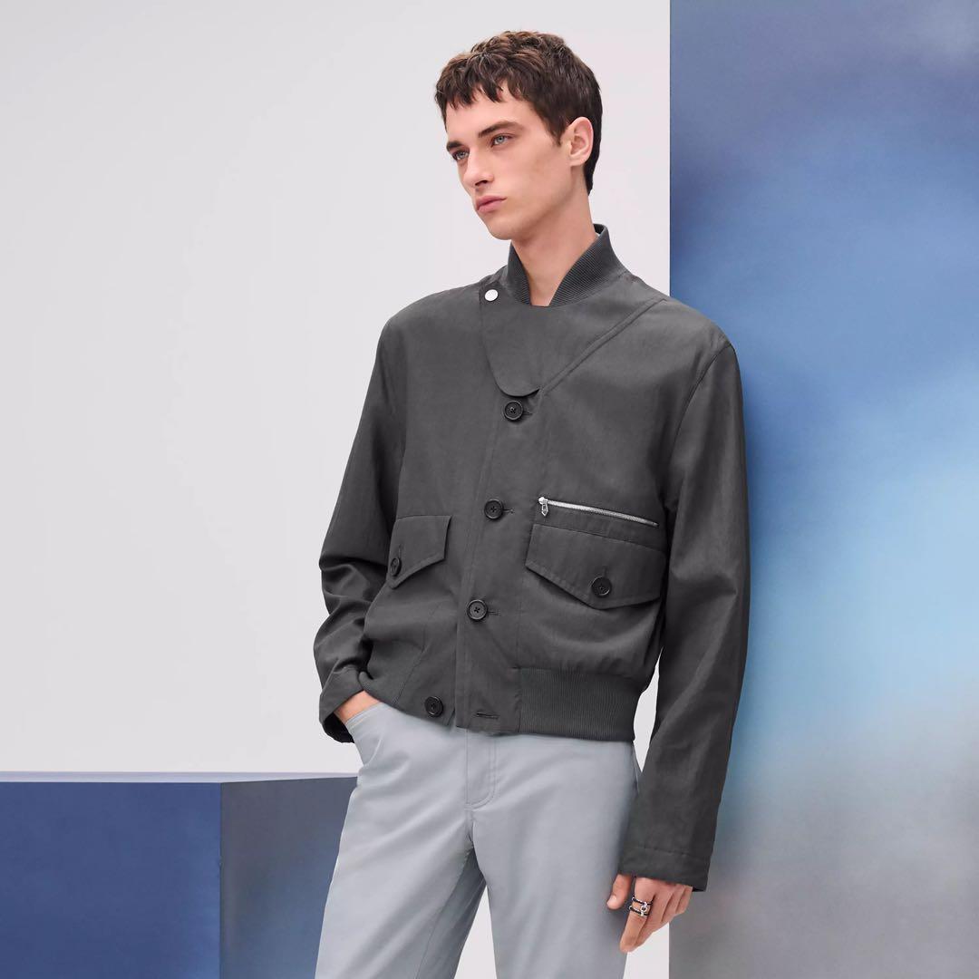 HERMES フラップカラーのリブトリムジャケット　サイズ48 ブルゾン