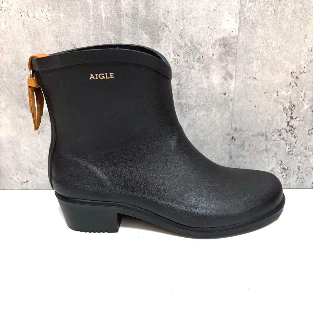 美品✨【AIGLE】ショート丈レインブーツ ブラック ロゴ 24.5cm相当