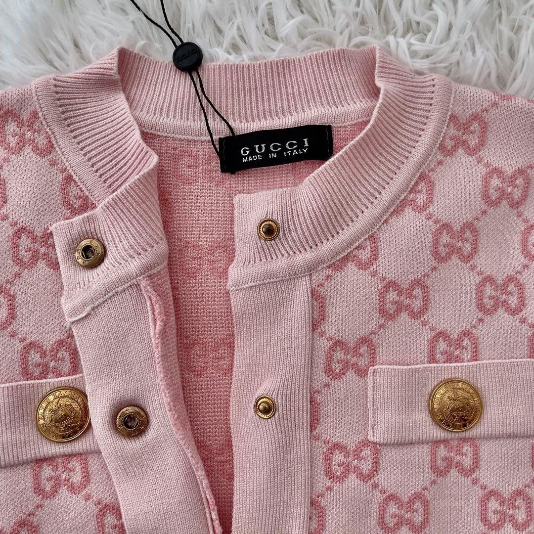 【希少】GUCCI グッチ GGコットン カーディガン ピンク×ゴールド