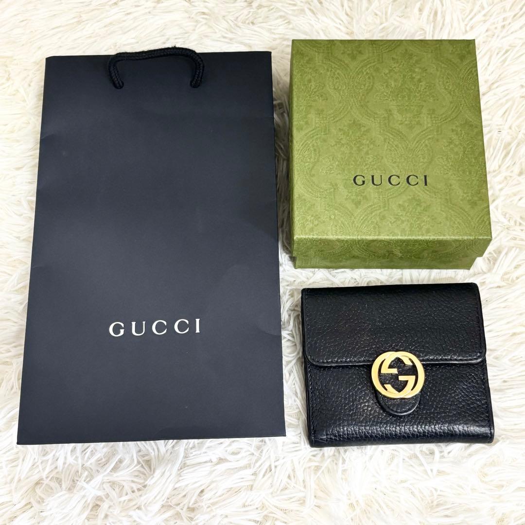 極美品✨グッチ インターロッキング 二つ折り フラップ　レザー シボ革 黒 箱