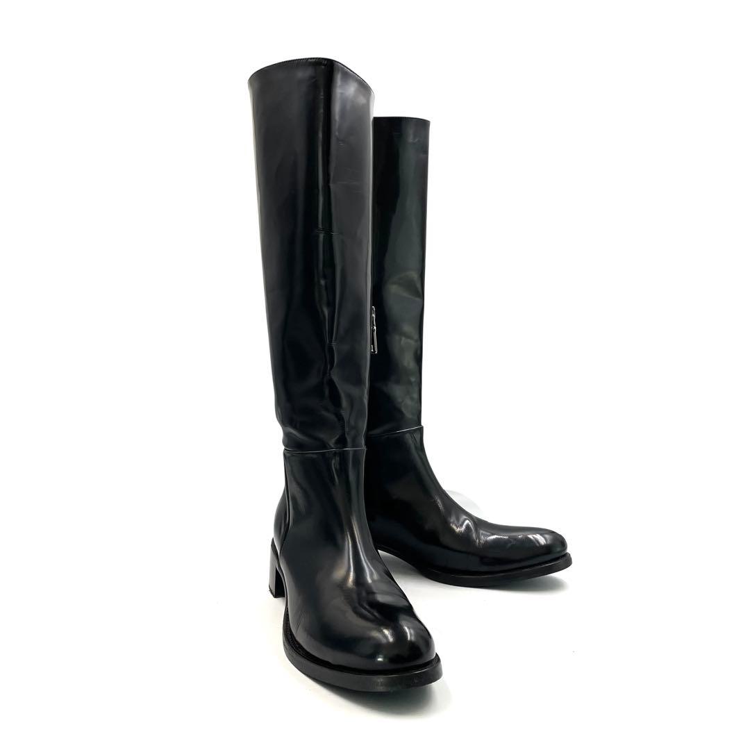 《超美品》PRADA プラダ ロング ブーツ サイドジップ レザー 黒系 38