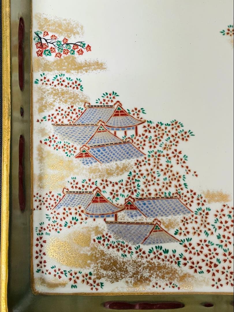 有田焼手描き春文桜図陶磁器四角皿 日本の風景