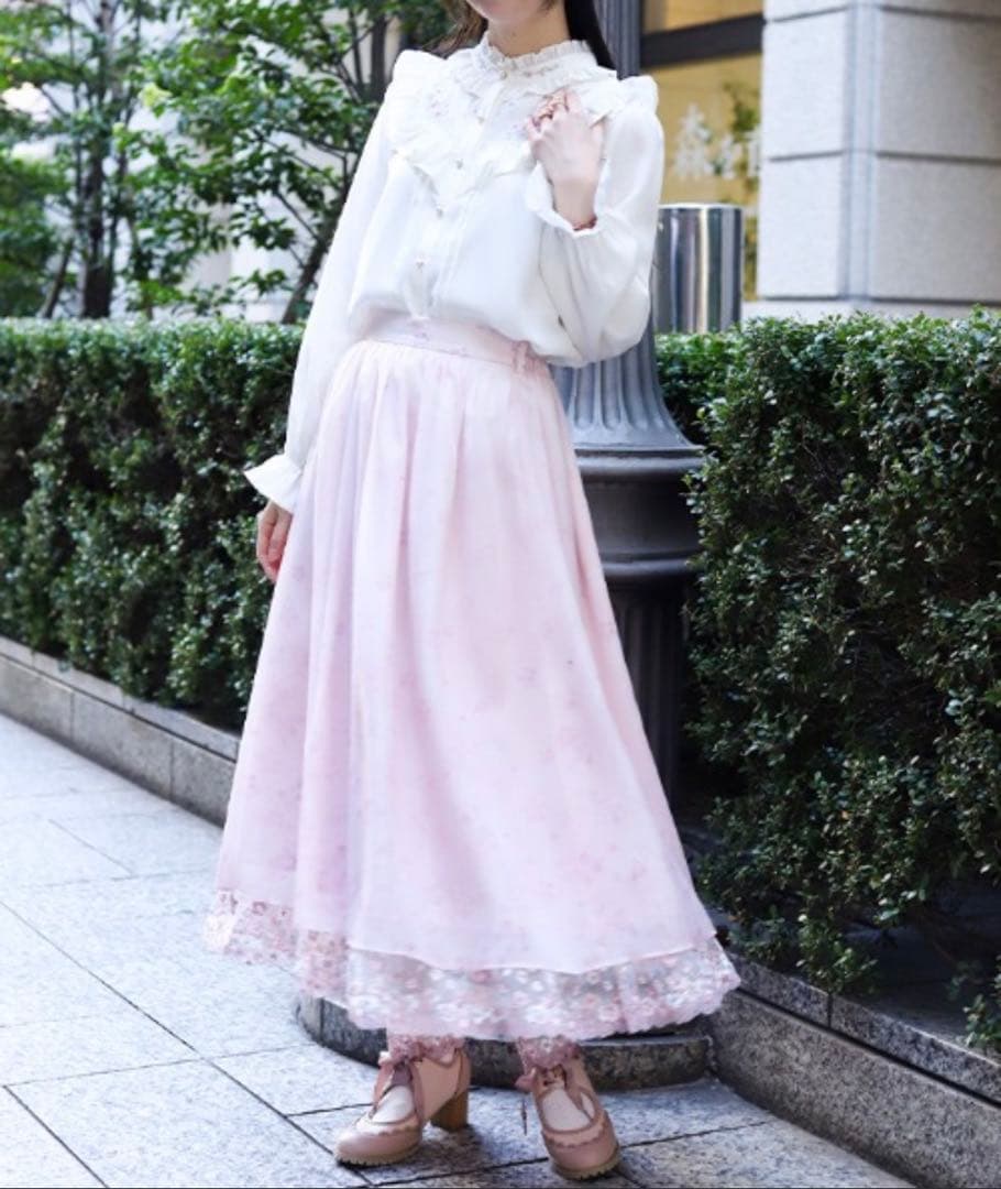 Axes Femme 桜 レース × 桜柄 ロング フレア スカート ピンク