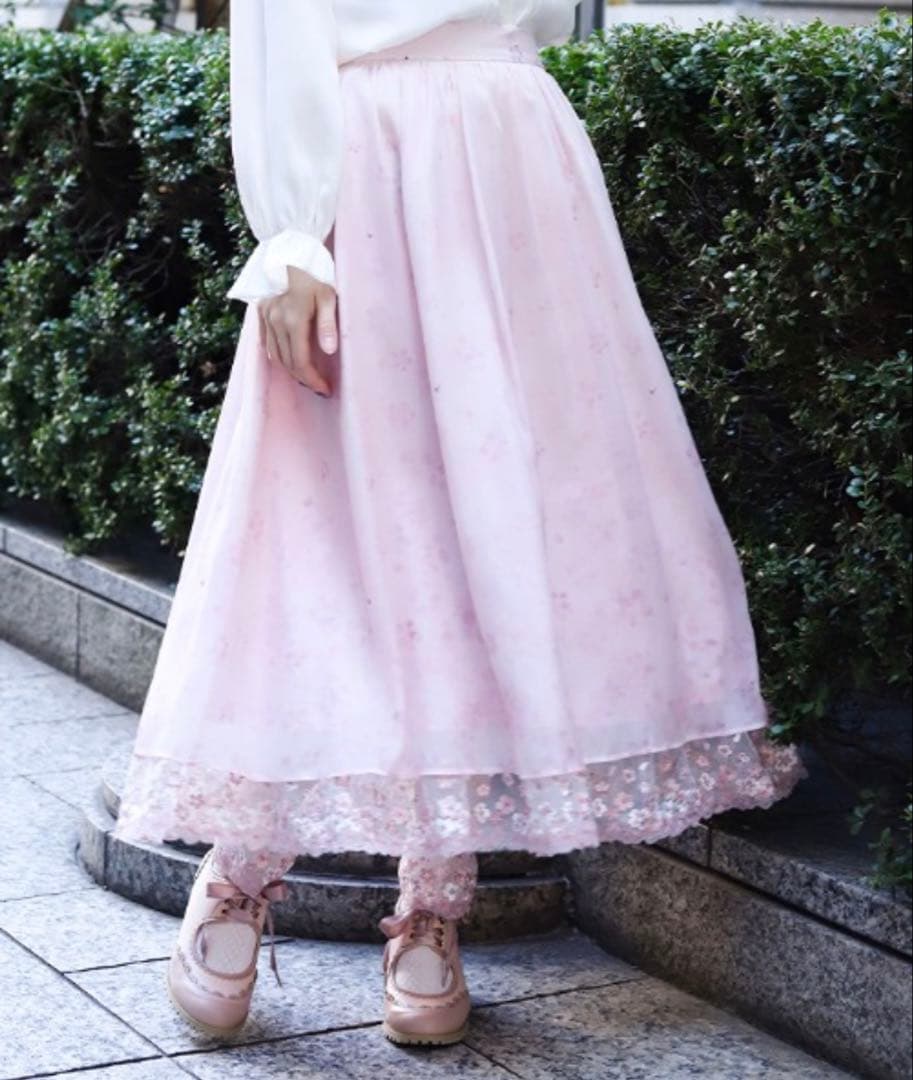 Axes Femme 桜 レース × 桜柄 ロング フレア スカート ピンク