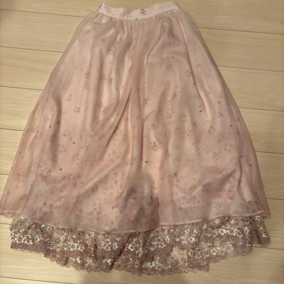 Axes Femme 桜 レース × 桜柄 ロング フレア スカート ピンク
