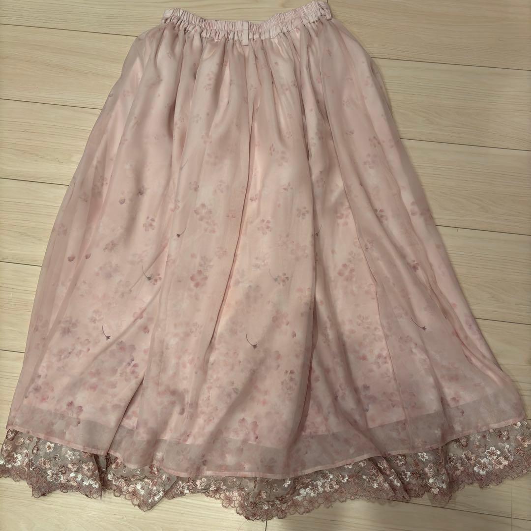Axes Femme 桜 レース × 桜柄 ロング フレア スカート ピンク